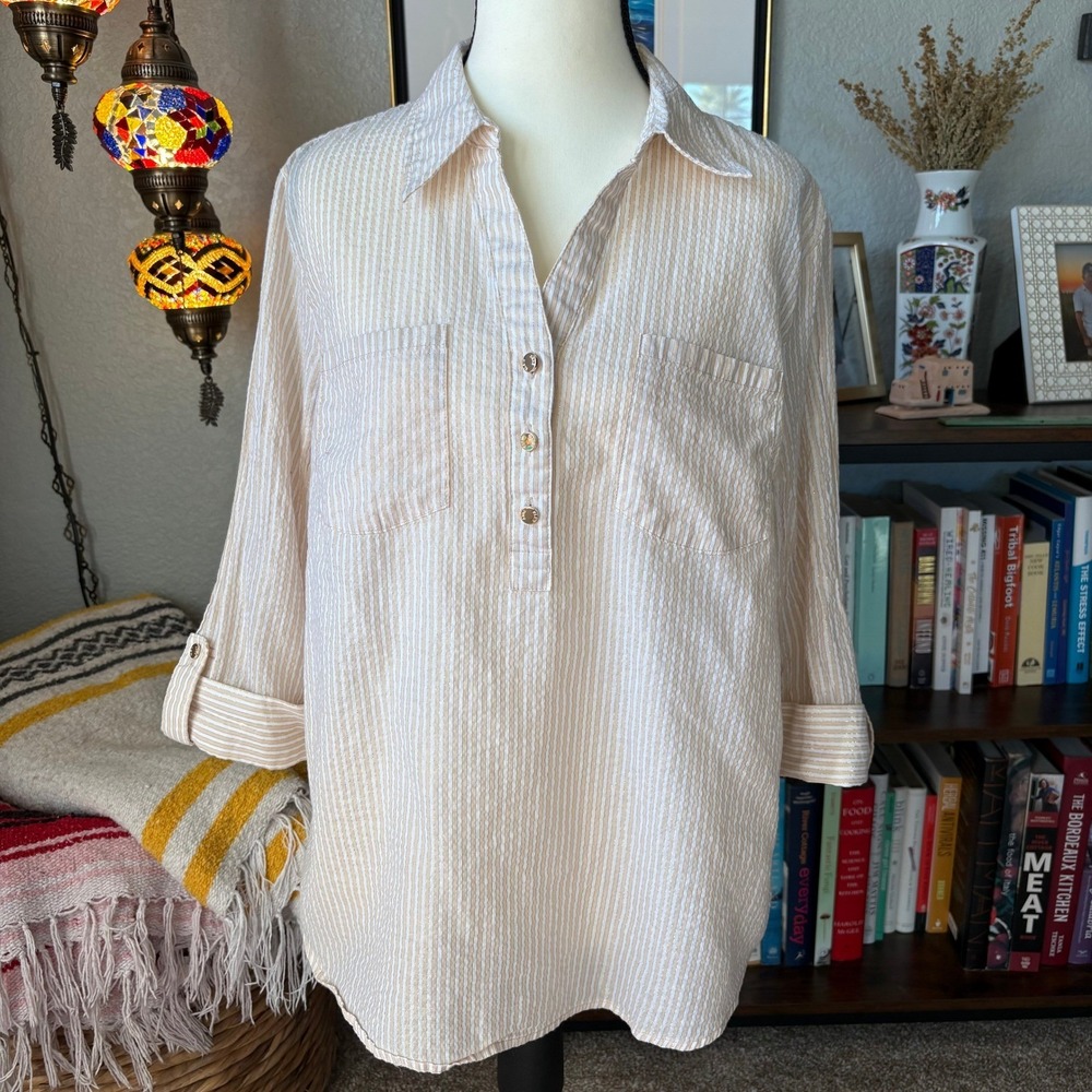 Anne Klein White Gold Stripe Textured Button‎ Front Popover Blouse - Medium